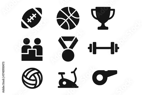 Sports icon set with football, basketball, volleyball, trophy, competition, medal, gym, weights, exercise bike, fitness, and referee whistle vector symbols collection