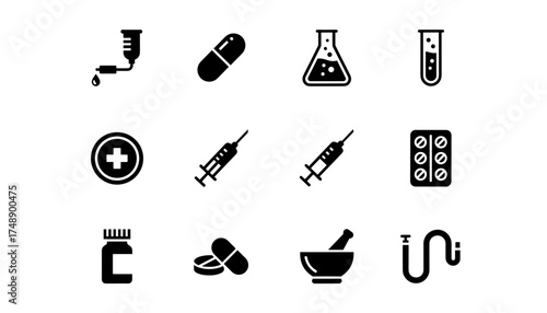 Medical and pharmacy icon set. Vector symbols for healthcare, hospital, and science. Includes syringe, pills, test tube, and IV drip for drug and treatment concepts.