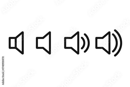 Sound volume icon set. Audio level control. Speaker signs for mute, silent mode, low and high volume. Sound on and off button. Vector symbol for user interface UI design.