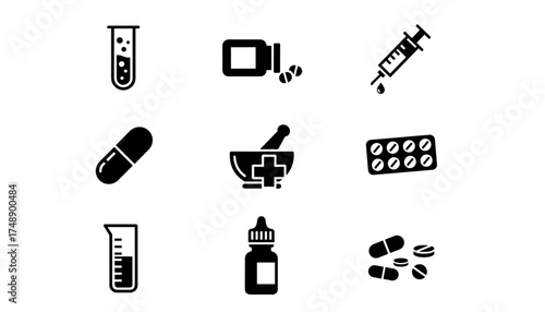 Medical and pharmacy vector icon set. Simple glyphs for healthcare, medicine, and science. Includes pills, syringe, test tube, capsule, mortar and pestle, blister pack.