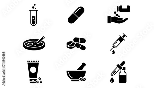 Pharmacy vector icon set. Medical, healthcare concept. Pill, drug, capsule, medication. Science, laboratory, research. Syringe, test tube, petri dish, mortar and pestle icon.