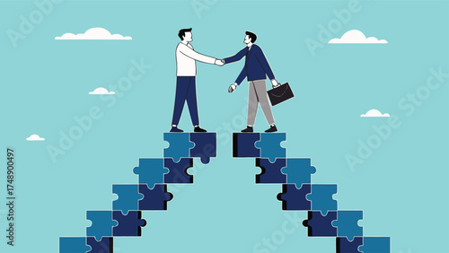business agreement, cooperation in business to achieve certain targets, growth or progress to achieve goal and target, two business people shaking hands at the top of the ladder from puzzle

