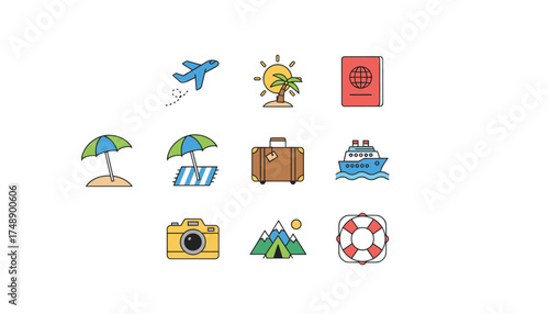 Travel and vacation icon set for tourism and holiday. Vector collection with airplane, passport, cruise ship, beach, and camera. Flat line art for web and mobile design.