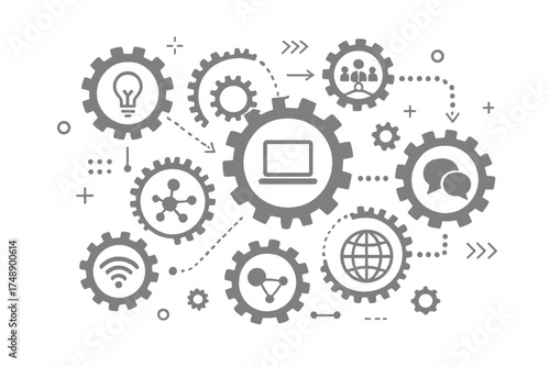 Technology mechanism concept. Gears and cogs infographic. Digital business strategy. Internet network connection. Communication & social media. Teamwork and innovation workflow.