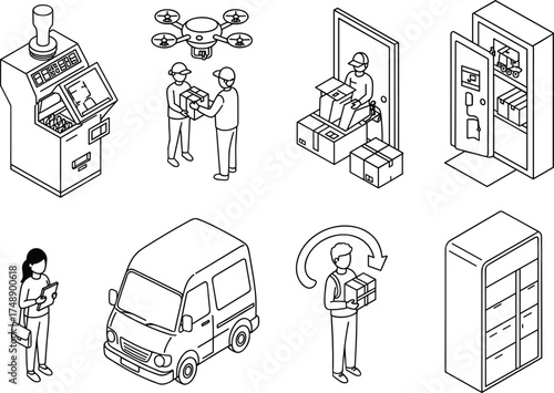 logistics illustration, drone delivery, package exchange, automated locker, vending unit, delivery van, inventory management, return process, storage system, supply chain, tablet use