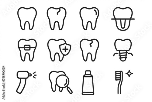 Dental care line icon set. Dentistry, stomatology vector symbols. Tooth treatment, oral hygiene, orthodontics, implant, caries, clinic pictogram collection. Editable stroke.