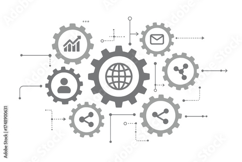 Technology mechanism concept. Gears and icons for digital strategy, internet network, communication, social media, business growth, user data analysis and global connection.