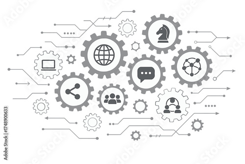 Technology mechanism concept with gears and icons for digital, strategy, internet, network, connect, communicate, social media, teamwork. Global business process and workflow.