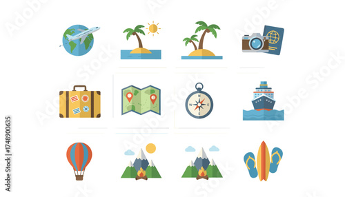 Travel icon set. Flat vector symbols for vacation, adventure, and tourism. Features airplane, cruise ship, passport, map, compass, camping, beach, and mountain illustrations.