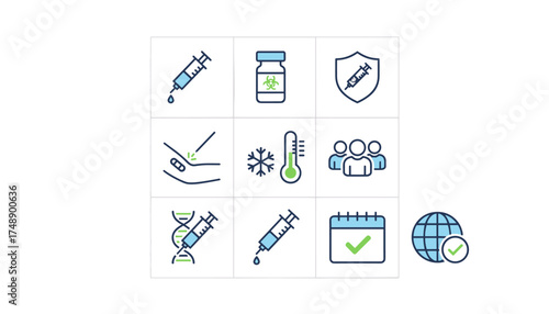 Vaccine vector icon set for immunization and healthcare. Medical glyphs for coronavirus prevention, covid-19 treatment, injection, syringe, vial, dna, cold storage and global immunity.
