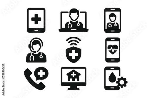 Telemedicine solid icon set. Telehealth, virtual consultation, online doctor, remote healthcare, medical app, smart hospital, e-health graphic symbols. Digital medicine pack.