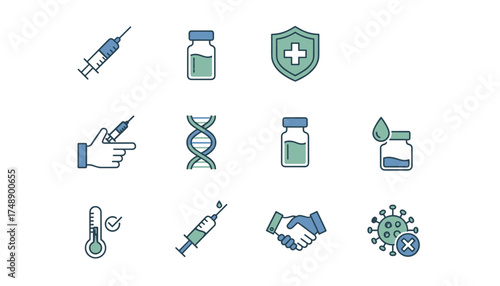 Vaccine and immunization icon set. Syringe, vial, DNA, virus. Medical and healthcare vector icons for coronavirus prevention, treatment, protection and vaccination concept.