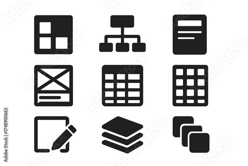 Solid glyph icon set for UI and UX design. Vector collection of web and app development symbols including layout, flowchart, diagram, form, wireframe, table, grid, and layers.