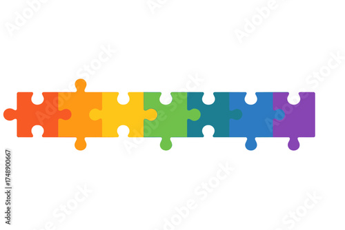 Colorful rainbow puzzle pieces connected in a row. Vector concept of teamwork, strategy, and problem-solving. Jigsaw illustration for business process, integration, and unity.