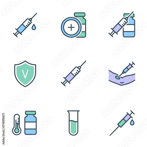 Vaccine and vaccination vector line icon set. Syringe with needle and drop, vial bottle, injection in arm, protection shield, thermometer, and lab test tube for immunization.