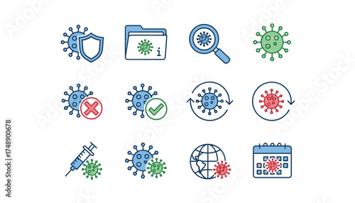 Virus and pandemic line icon set. Vector symbols for covid, health, medical research, vaccination, protection, quarantine, infection control, and global outbreak information.