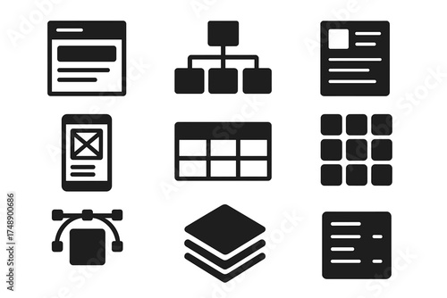 UI UX design solid glyph icon set. Web layout, flowchart, diagram, mobile app wireframe, data table, grid, and form. Editable vector layers for web development.