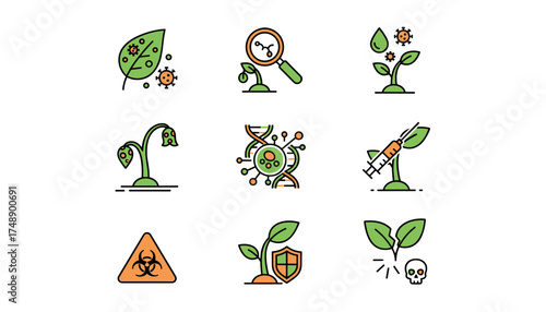Plant virus disease vector icon set. Agricultural biotechnology, pathology, and genetic research concepts. Plant infection, treatment, protection, biohazard, and modification.