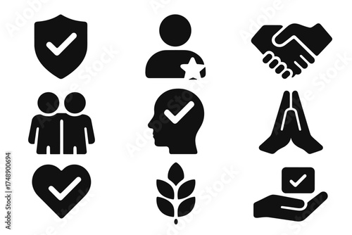 Trust icon set with solid glyphs. Collection of icons for credibility, honesty, promise, and integrity. Vector symbols for partnership, quality, faith, and business ethics.