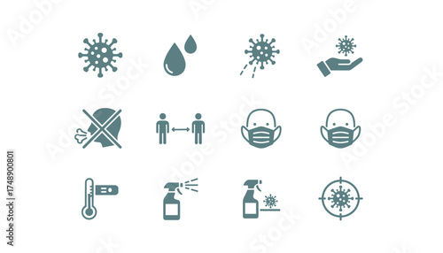 Vector icon set for virus transmission and prevention. Hygiene, safety, and health concepts. Coronavirus pandemic symbols. Social distancing, face mask, and disinfection icons.
