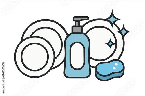 Wash dishes icon with clean plates, dish soap, and sponge. Vector illustration for cleanliness concepts, household chores, hygiene, and kitchen cleaning. Domestic housework symbol.