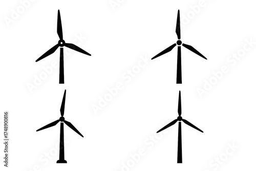 Wind turbine vector icon set. Windmill silhouette symbol for renewable energy concept. Green power, sustainable technology, and ecology illustration for clean electricity generation.
