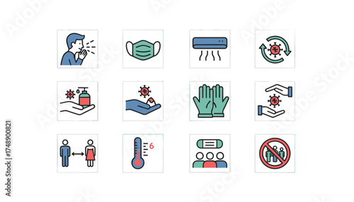 Virus transmission and prevention icon set. Coronavirus safety measures. Pandemic infographic elements. Social distancing, face mask, hygiene, hand sanitizer, quarantine icons.