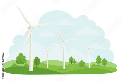 Wind turbines on green hills vector illustration. Renewable energy concept. Sustainable wind power farm landscape. Eco-friendly electricity generation in nature scenery.