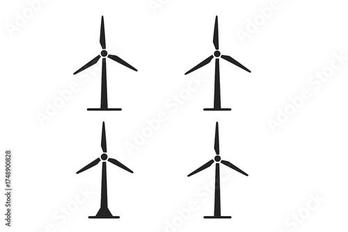 Wind turbine vector icon set. Windmill symbols isolated on white background. Clean energy icons, renewable energy concept, sustainable power generation, silhouettes.