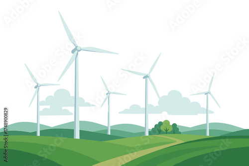 Wind turbines farm on green hills landscape vector illustration. Renewable energy concept. Sustainable, ecological power generation. Alternative electricity from windmills in nature.