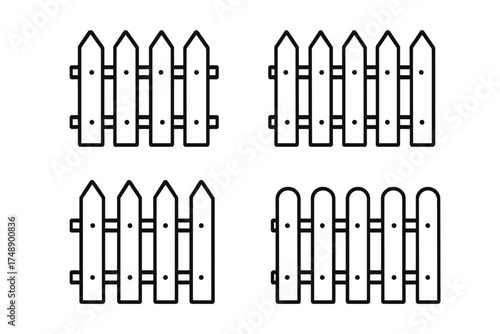 Wooden fence barrier icon set. Outline picket fence for domestic boundaries symbol vector illustration. Garden, home, and property division line art graphic elements collection.