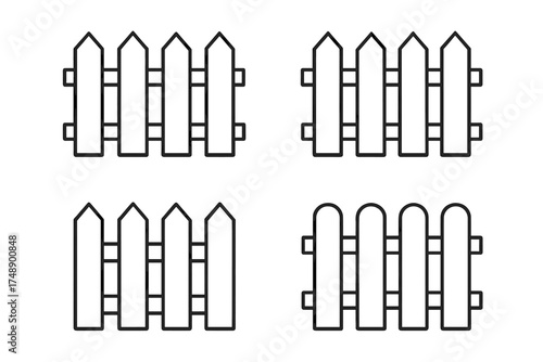 Wooden picket fence vector icon set. Outline barrier for domestic boundary, garden, home and property. Simple line art symbol for security and enclosure. Countryside plank wall.