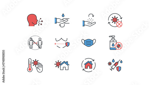 Vector icon set for virus transmission and prevention. Pandemic safety and hygiene rules. Social distancing, face mask, hand washing, vaccine, quarantine, coronavirus symptoms.