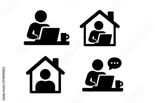 Work from home vector icon set. Remote job, freelance symbol. Employee with laptop in a house office. Telecommuting and online business concept. Digital nomad lifestyle.