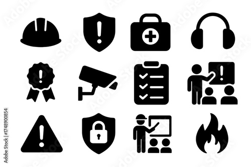 Work safety icon set. Occupational health and safety pictogram collection. Contains hard hat, risk management, first aid kit, ear protection, workplace security, CCTV, and regulation.