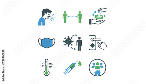 Virus prevention and transmission icon set. Health safety measures for pandemic. Social distancing, face mask, hand washing, vaccination, quarantine, symptoms vector icons.