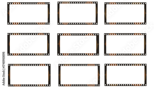Vector set of nine Vistavision 4K film frames. Collection of empty movie strips. Retro cinema border template. Vintage 35mm photographic slide reel for photography design.
