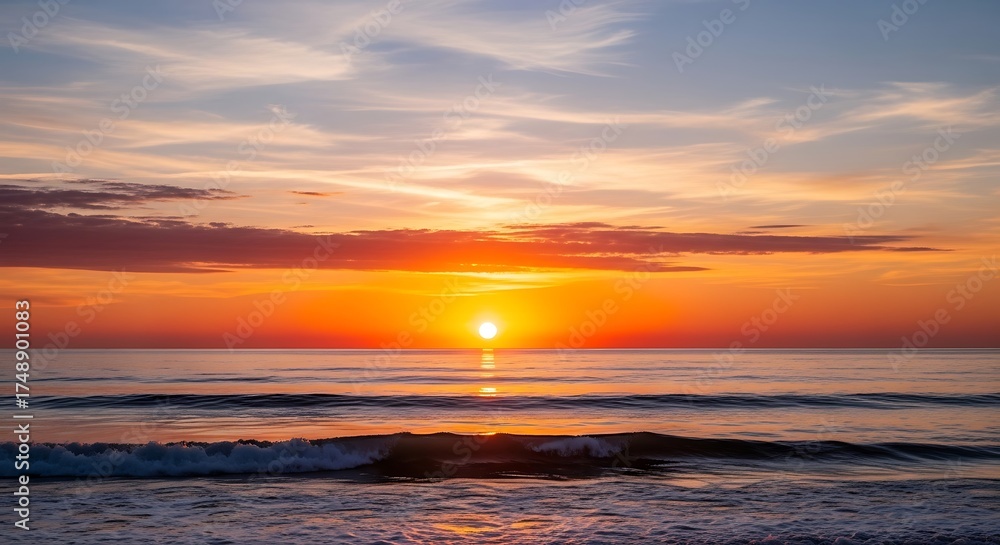 Obraz premium Golden Hour Serenity A Breathtaking Sunset Paints the Ocean Horizon with Fiery Hues and Tranquil Reflections, Evoking Peaceful Evening Beauty