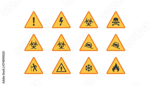 Large vector set of warning triangle signs. Hazard and danger symbols. Includes biohazard, toxic skull, high voltage, fire, steep hill, snow, pedestrian and alert icons.