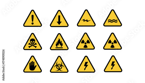 Vector set of warning signs. Collection of hazard symbols in yellow triangles. Danger, safety, and caution icons for flammable, toxic, radiation, biohazard, and high voltage.