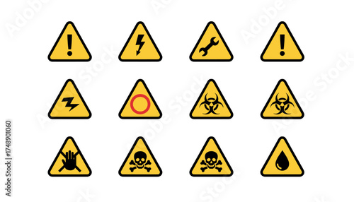 Warning triangle sign set vector. Hazard symbols collection. Danger icon. Biohazard, toxic skull, high voltage, electric shock. Safety, caution, attention pictogram illustration.