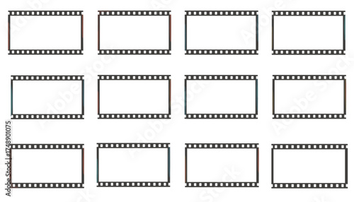 Set of authentic vector film frames. Old retro movie strip border. Vintage photography celluloid negative template. Cinema 35mm photo background collection for graphic design.