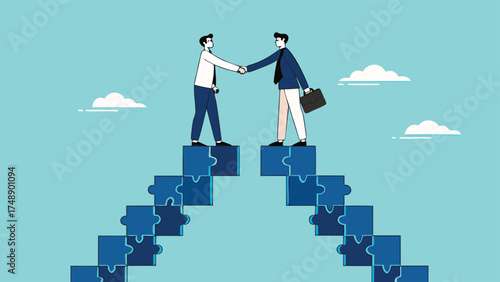 business agreement, cooperation in business to achieve certain targets, growth or progress to achieve goal and target, two business people shaking hands at the top of the ladder from puzzle

