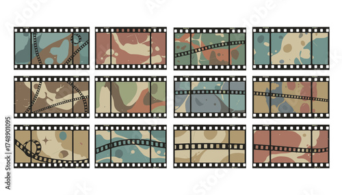 Vector set of super 8 film frames with abstract retro backgrounds. Vintage movie strip collection with grunge texture, scratches, and colorful camouflage liquid art patterns.