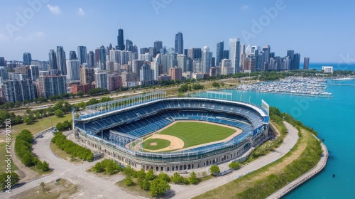 Aerial View of a Large Baseball Stadium Surrounded by Sparkling Water and a Vibrant City Skyline in Chicago, Illinois on a Clear Sunny Day