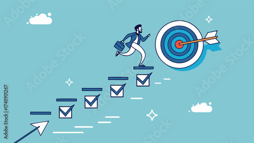 personal development goals for work, train specific skills or competencies to achieve career success, self improvement or career growth, Businessman walk up checklist as a ladder to reach target

