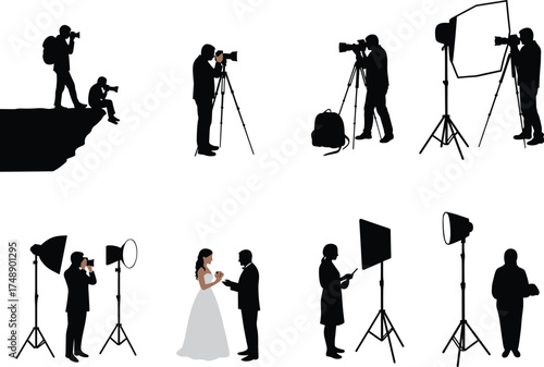 photography silhouettes, tripod setup, studio lighting, outdoor shoot, softbox reflector, wedding photo, camera gear, light direction, photo session, black vector