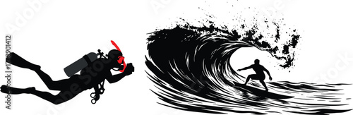 scuba diver silhouette, surfer riding wave, ocean sports, underwater exploration, wave curl, sea adventure, dynamic splash, silhouette contrast, marine activity, surf scene