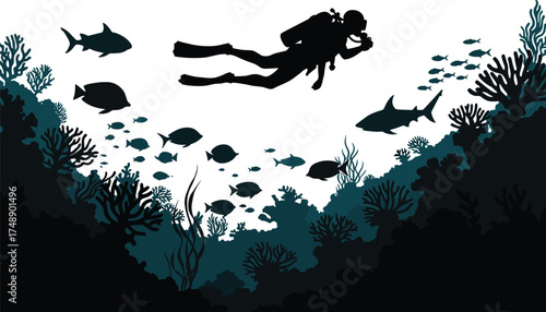 scuba diver, marine life, underwater scene, coral reef, fish school, ocean exploration, diving silhouette, aquatic environment, sea biodiversity, nature, conservation