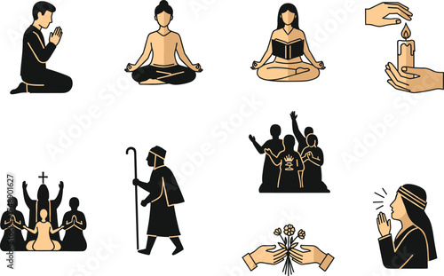 Spiritual icons, prayer pose, meditation silhouette, candlelight hands, worship group, religious reading, bouquet offering, faith symbol, inner peace, sacred moment, devotion scene